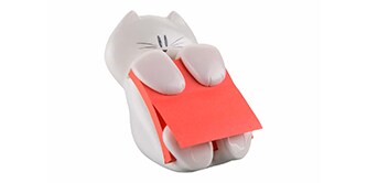 Ein katzenförmiger Post-it® Notes Dispenser mit mohnroten Post-it® Notes
