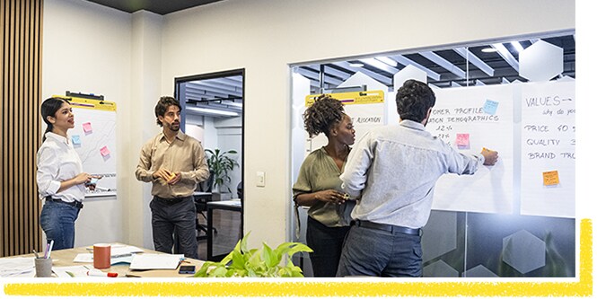 Eine Gruppe von Arbeitskollegen, die mit Post-it® Notes und Post-it® Meeting-Chart zusammenarbeiten
