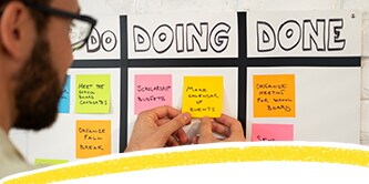 Eine Person, die Post-it® Notes auf einer Tafel den Bezeichnungen „TO DO, DOING, DONE“ zuordnet.
